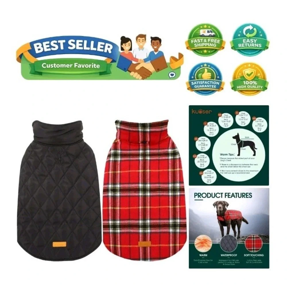 Stylish‎ Waterproof Winter Dog Coat Medium Adjustable & Reversible Plaid Jacket